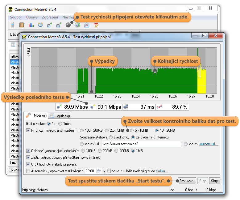 Test rychlosti a stability připojení