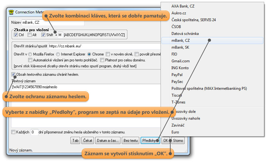 Textové záznamy, nastavte vlastnosti záznamu.