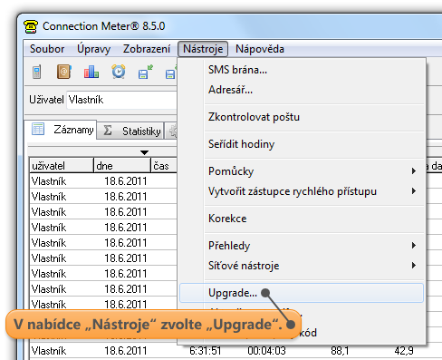 Nabídka Nástroje/Upgrade